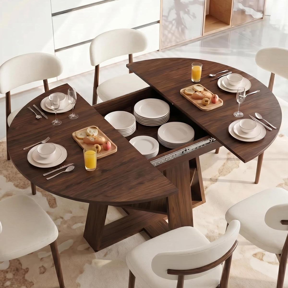 5-Piece Extendable Oval Dining Table Set, 43in-59in Wood Kitchen Table with 4 Fabric Upholstered Chairs, Modern Dining Room Set for 4 People, Walnut Finish