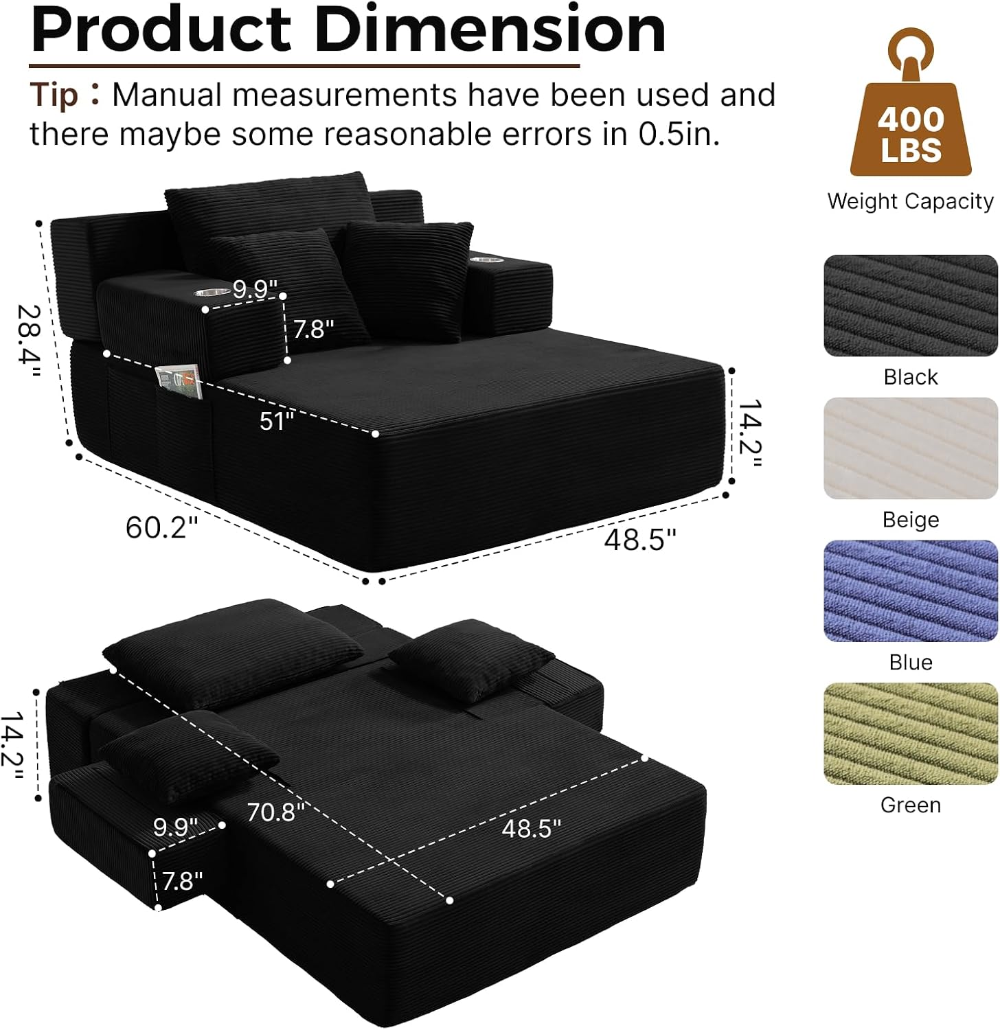 70"Chaise Lounge Chair, Oversized Chair & 2 Cup Holder 4 Pockets | Oversized Corduroy Lounge Chair Indoor Convertible, 3 Pillows, Deep Seat Sleeper Sofa Bed, Living Room, Reading, No Assembly