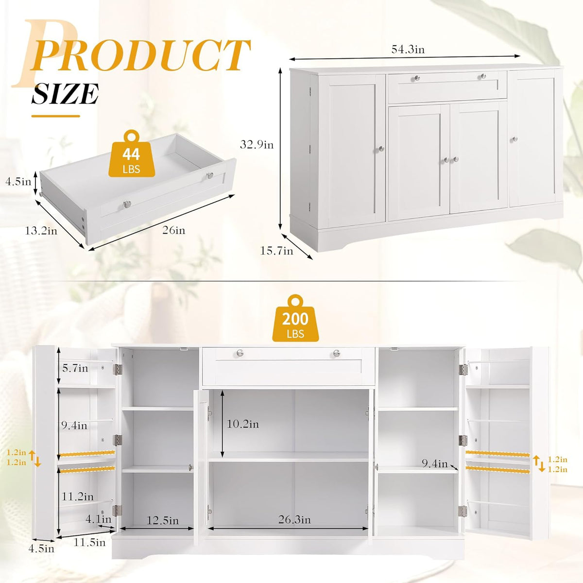 TITIMO 54" Sideboard Buffet Cabinet with Storage, Farmhouse Kitchen Storage Cabinets with Drawer, Wood Coffee Bar Cabinet with Adjustable Shelves, Pantry Cabinets for Living Room (White)