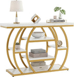 Tribesigns Modern Console Table, 41.3" Narrow Entryway Table with Storage Shelves & Faux Marble Top, 5-Tier Sofa Tables Behind Couch with Arched Metal Frame for Living Room, Hallway (Gold & White)