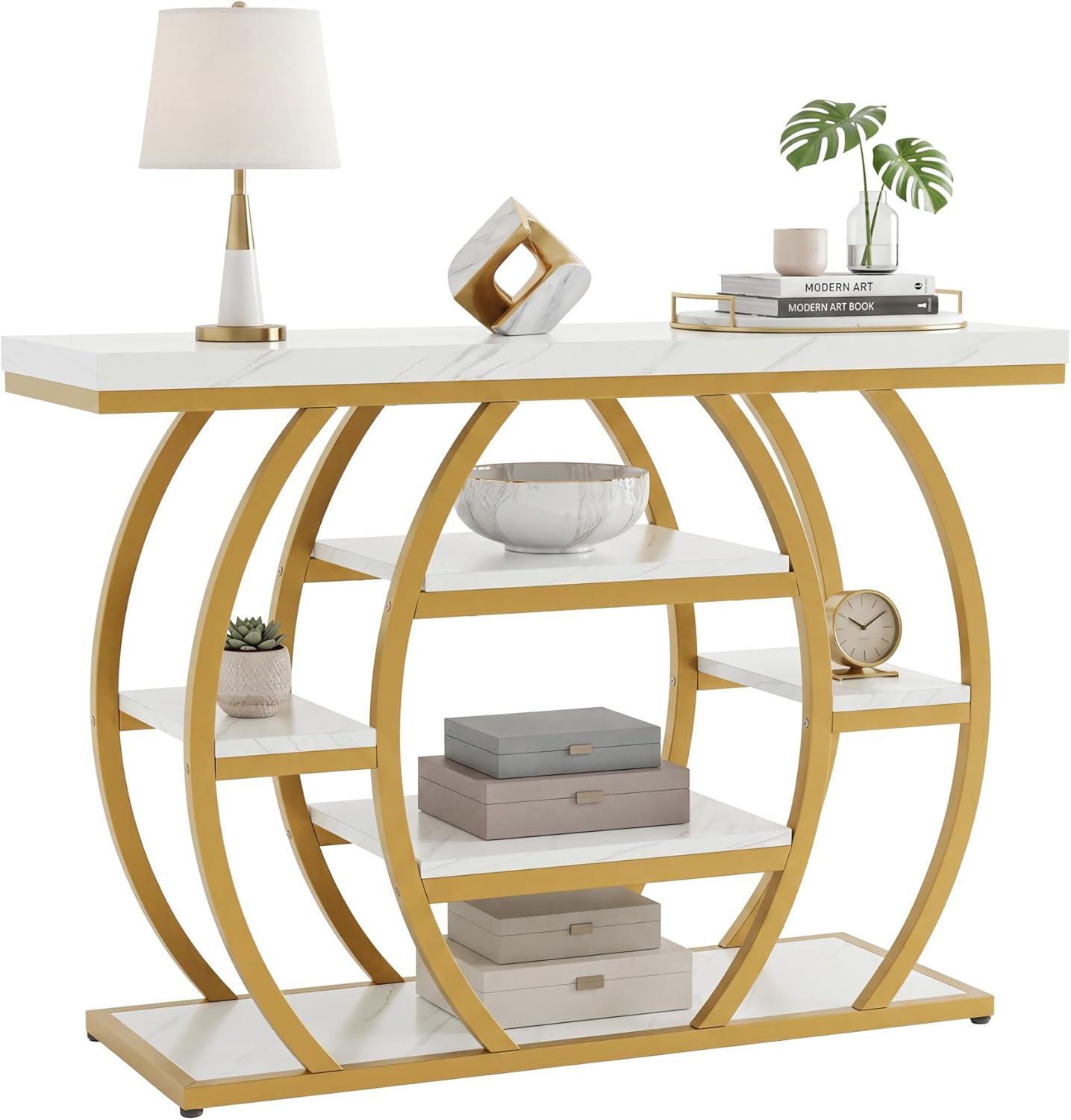 Tribesigns Modern Console Table, 41.3" Narrow Entryway Table with Storage Shelves & Faux Marble Top, 5-Tier Sofa Tables Behind Couch with Arched Metal Frame for Living Room, Hallway (Gold & White)