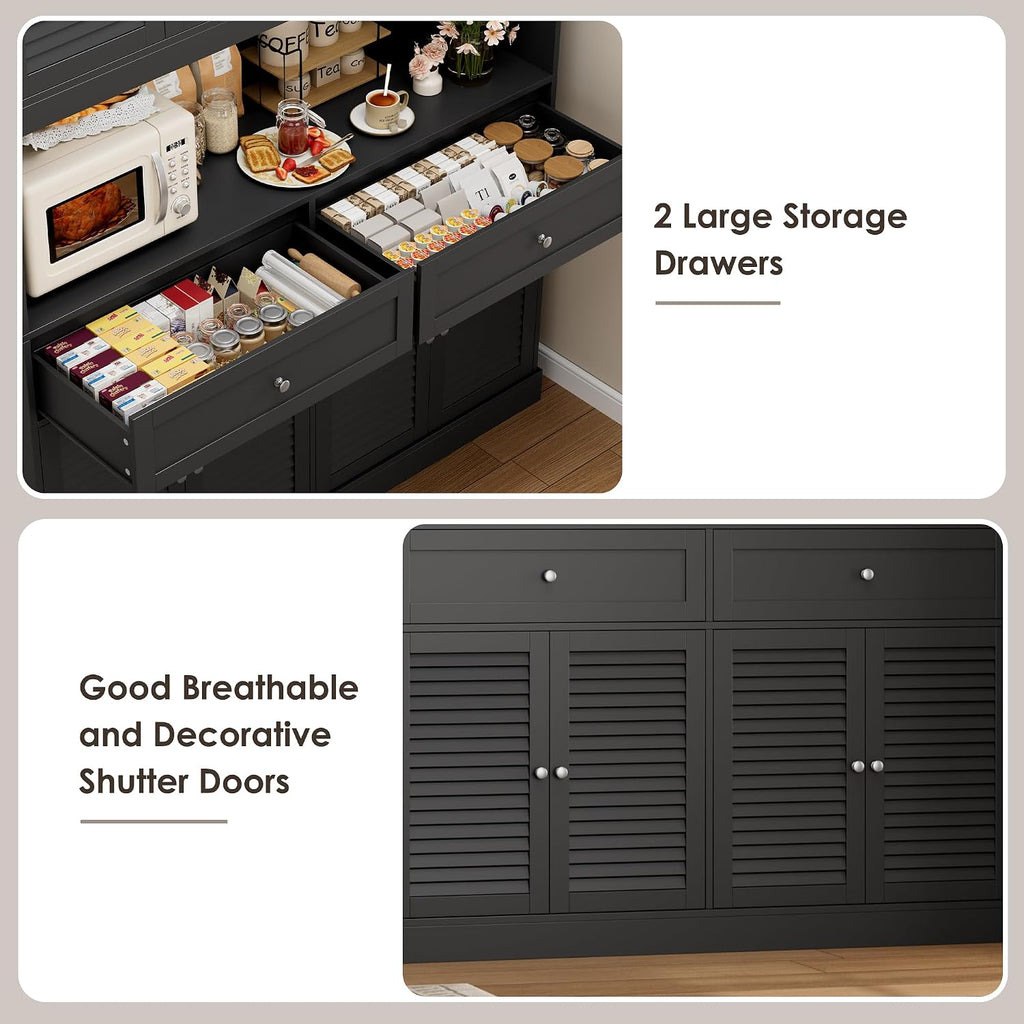 HIFIT 71“HX55“W Kitchen Hutch, Farmhouse Pantry Cabinet for Food Storage | Large Kitchen Pantry Cabinet with Countertop and Storage Drawers for Dining Living Room, Black