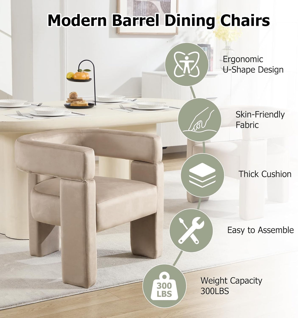 Modern Accent Barrel Chairs Set of 4, Velvet Upholstered Armchairs with 3 Legs, Comfy Leisure Reading Chair for Dining/Living Room/Bedroom/Office/Apartment, Khaki