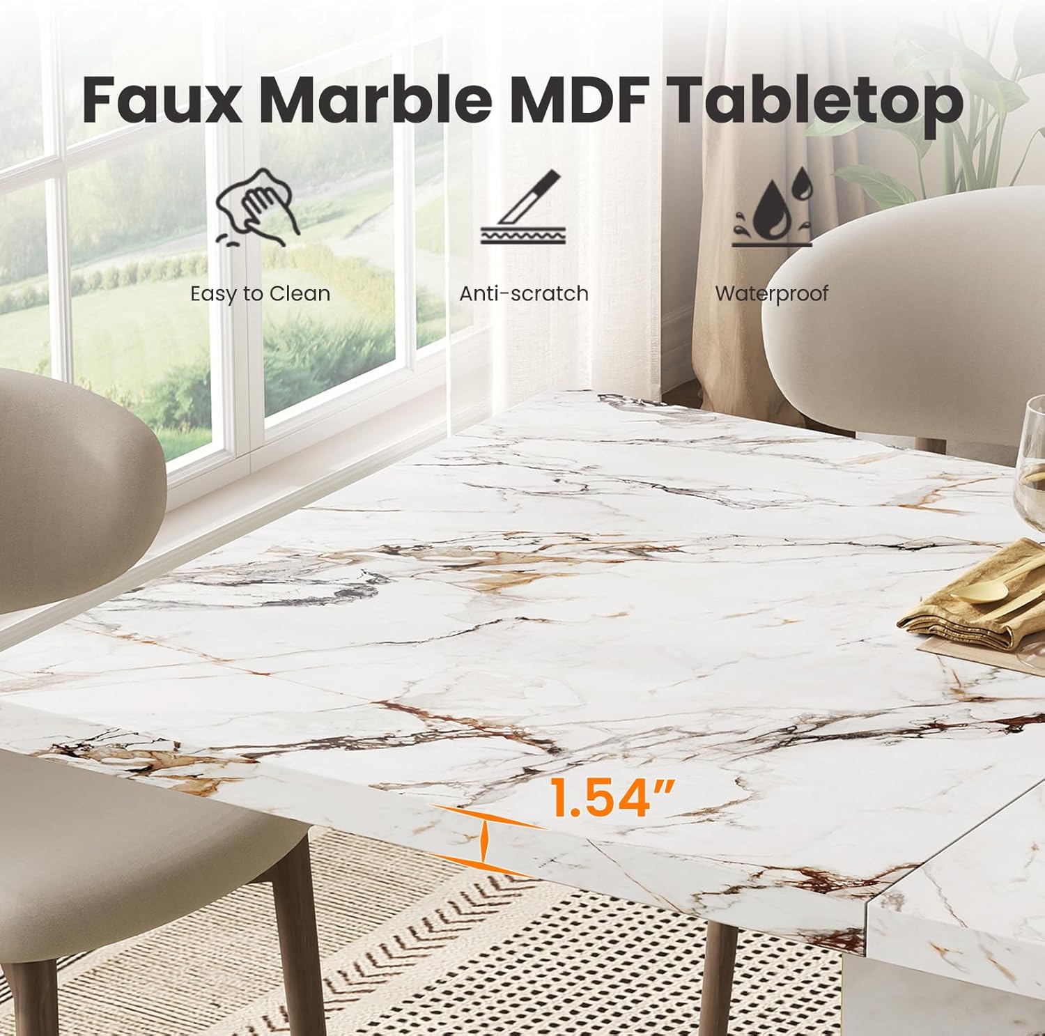 HOMISSUE 70" Faux Marble Dinner Table，Rectangle Modern White Dining Table for 6-8 People，Large Kitchen Furniture Table with Sturdy Base for Dining Room, Living Room, White