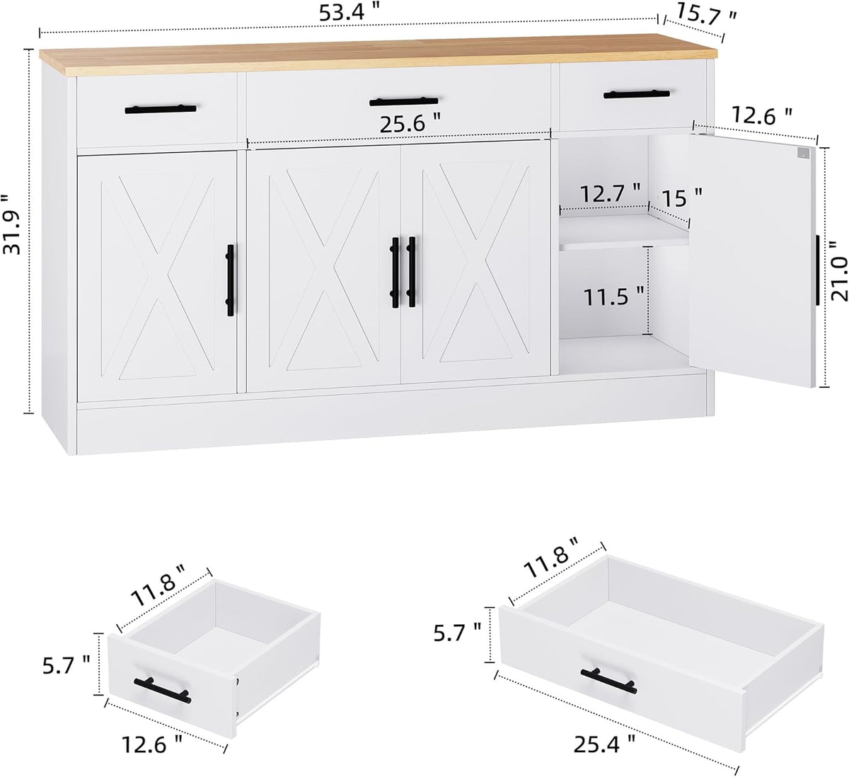 Shintenchi Buffet Cabinet with Storage,53.4" Large Kitchen Storage Cabinet with 3 Drawers and 4 Doors,Wood Farmhouse Buffet Sideboard with Adjustable Shelf for Kitchen Living Room, White