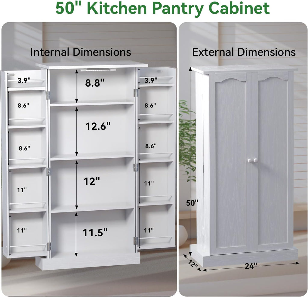 FJTJBSI 50" LED Kitchen Pantry Cabinet White Storage Cabinet Food Pantry with Doors and Adjustable Shelves Freestanding Buffet Cupboards Sideboard for Kitchen Living Room and Dinning Room