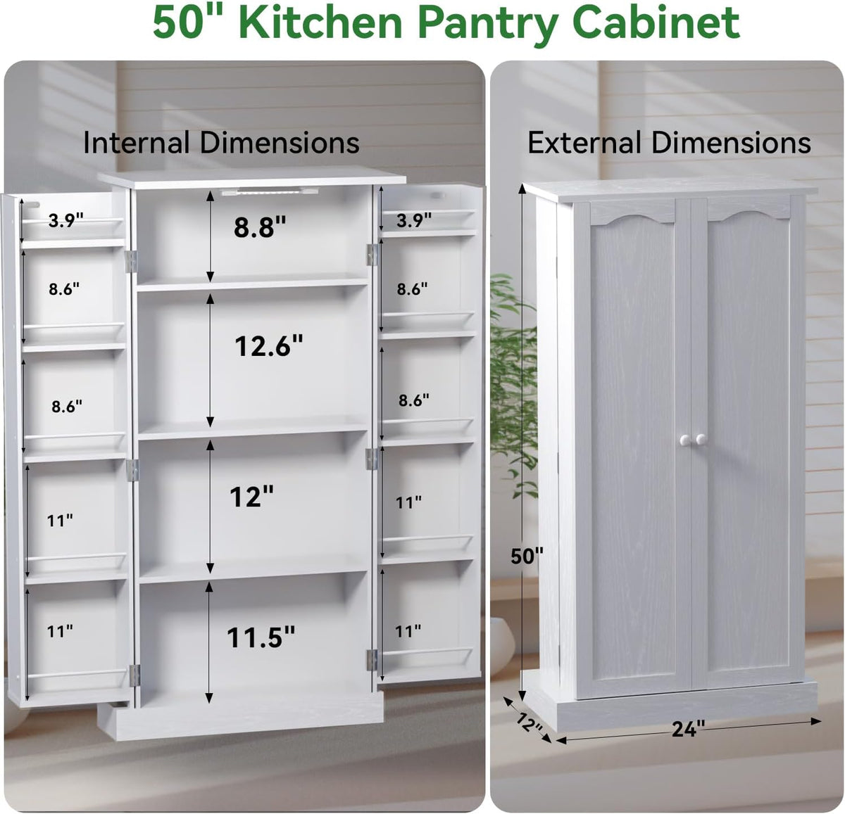 FJTJBSI 50" LED Kitchen Pantry Cabinet White Storage Cabinet Food Pantry with Doors and Adjustable Shelves Freestanding Buffet Cupboards Sideboard for Kitchen Living Room and Dinning Room