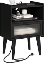 MMEOLUOOK Nightstand with Charging Station, Bedside Tables, End Table Side Table with 2 Tiers Storage Space, for Bedroom, Living Room, Black CAMLBZ07BE