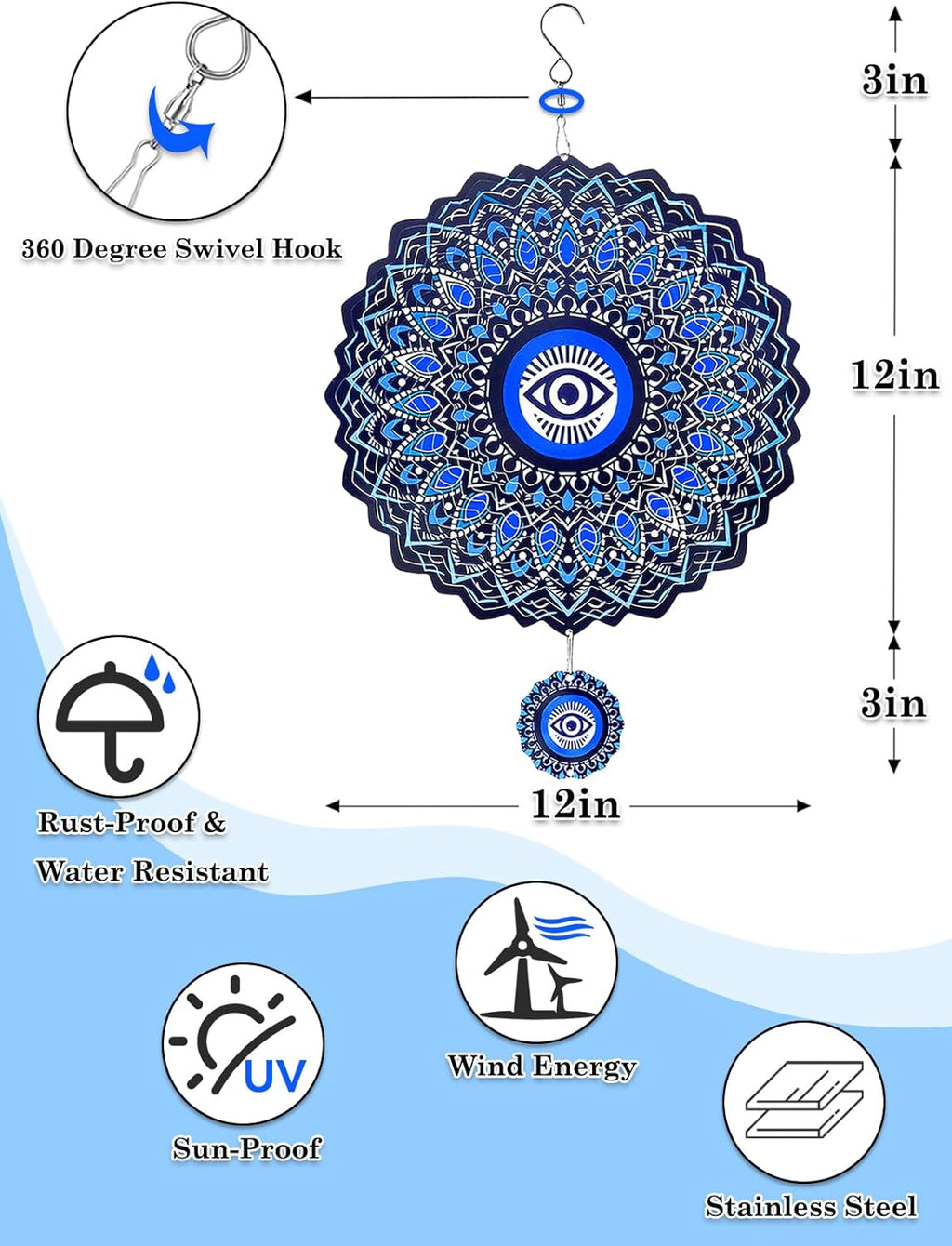 Evil Eye Wind Spinner-3D Metal Hanging Wind Spinners, Perfect Ornament Gifts for Women/Men, 12 Inch Spinfinity Wind Spinner for Outdoor & Indoor Decorations, Yard Art, Garden Decoration