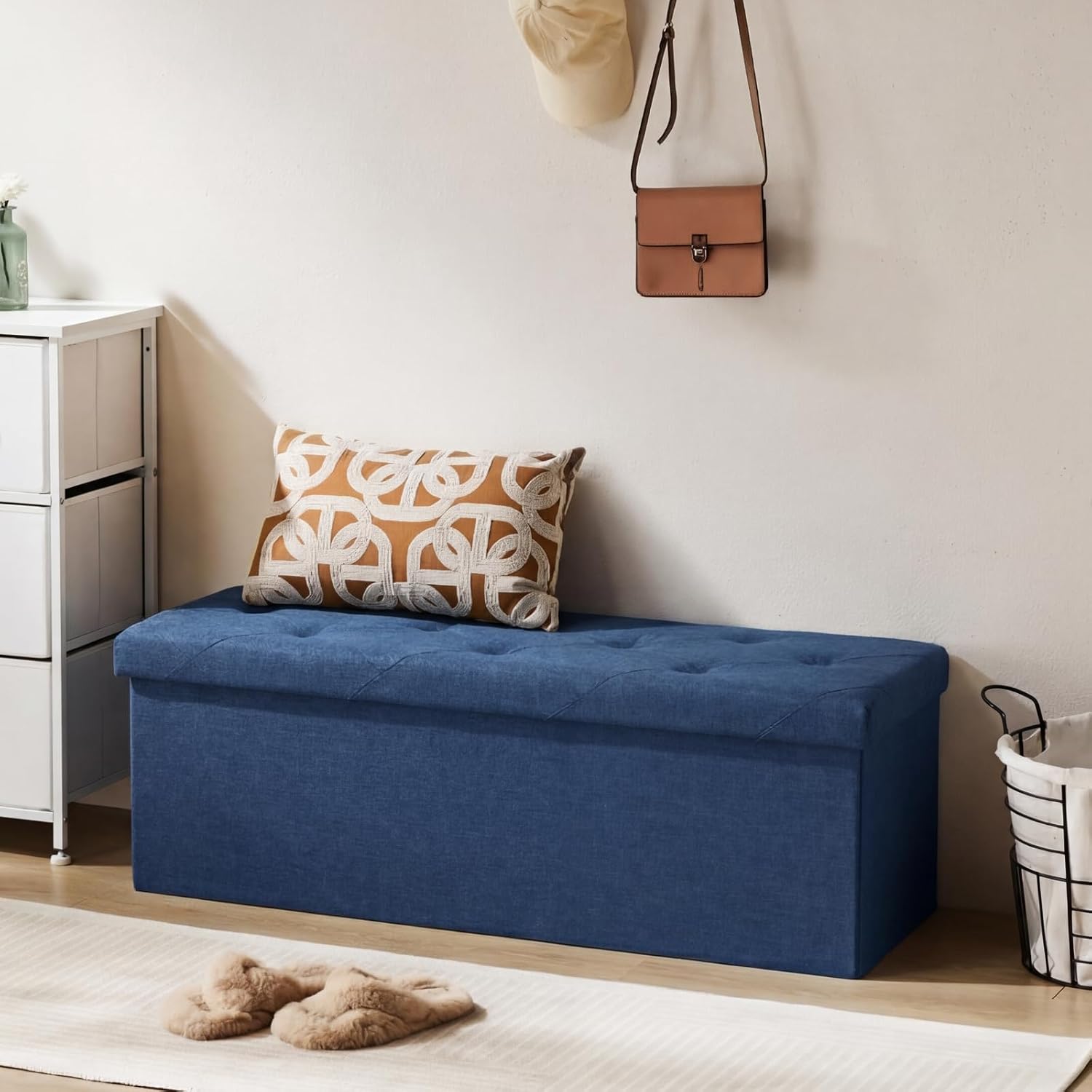 Sweetcrispy 43 Inch Folding Storage Ottoman Bench, Ottoman with Storage | Large Hidden Storage Chest with Padded Seat, Foot Rest Stool, End of Bed Bench for Bedroom, Living Room, Linen Fabric, Blue