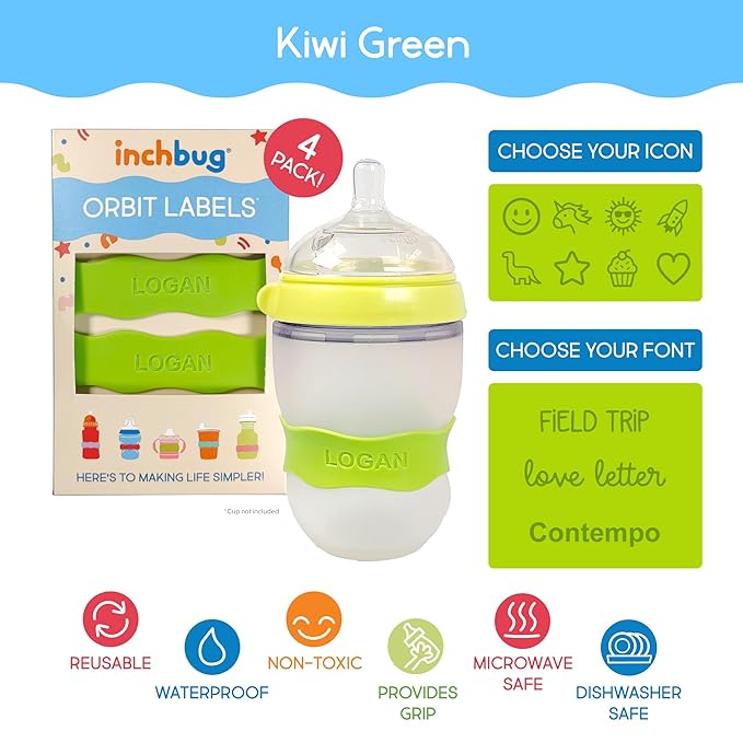InchBug Orbit Labels - Baby Bottle Name Labels for Daycare, Sippy Cup Bands - Engraved Silicone, Reusable, Dishwasher Safe, Matching Color Personalization, 4-Pack (Kiwi Green)