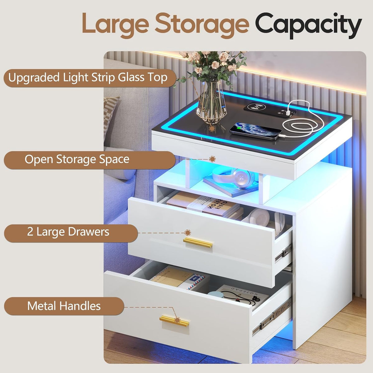 LED Nightstand Set 2 with Charging Station,Motion Senor,White | Night Stand with 2 Drawers,Glass Top Smart BedSide Table,Modern End Table Side for Bedroom,Living Room,Office