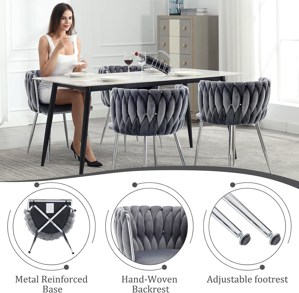 Modern Velvet Dining Chairs Set, Upholstered Dining Chair with Woven Back and Silver Metal Legs, Modern Armchair for Living Room/Kitchen/Bedroom (Gray, 2pcs)