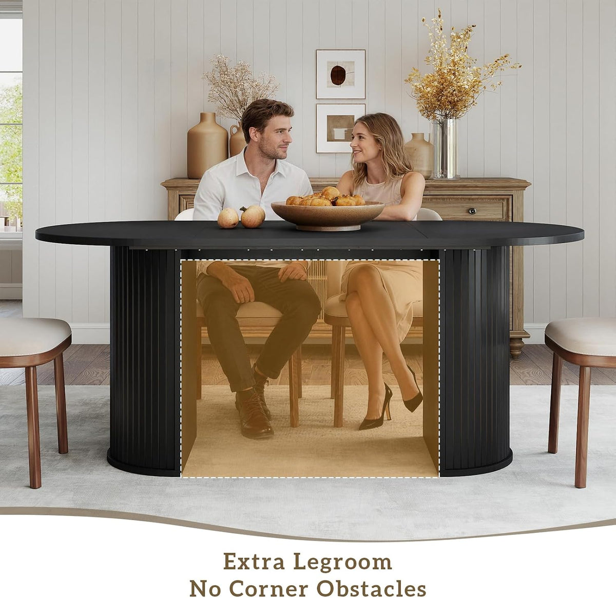 70.8" Oval Dining Table for 4-6 Persons, Fluted Pedestal Base Mid Century Wood Veneer Kitchen Table with Curved Edges for Dining Room, Apartment, Small Spaces, Black