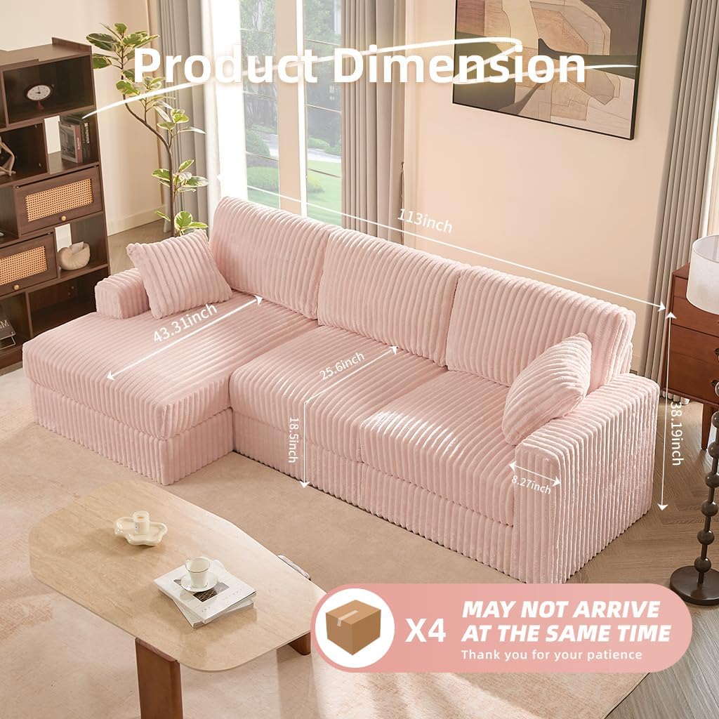 GOSUHI 113" L-Shaped Cloud Couch, Modular Sectional, Deep Seats, Pink | Pocket Spring Cushions, Oversized 3-Seater, Left Facing Chaise, Corduroy Upholstery Couches for Living Room