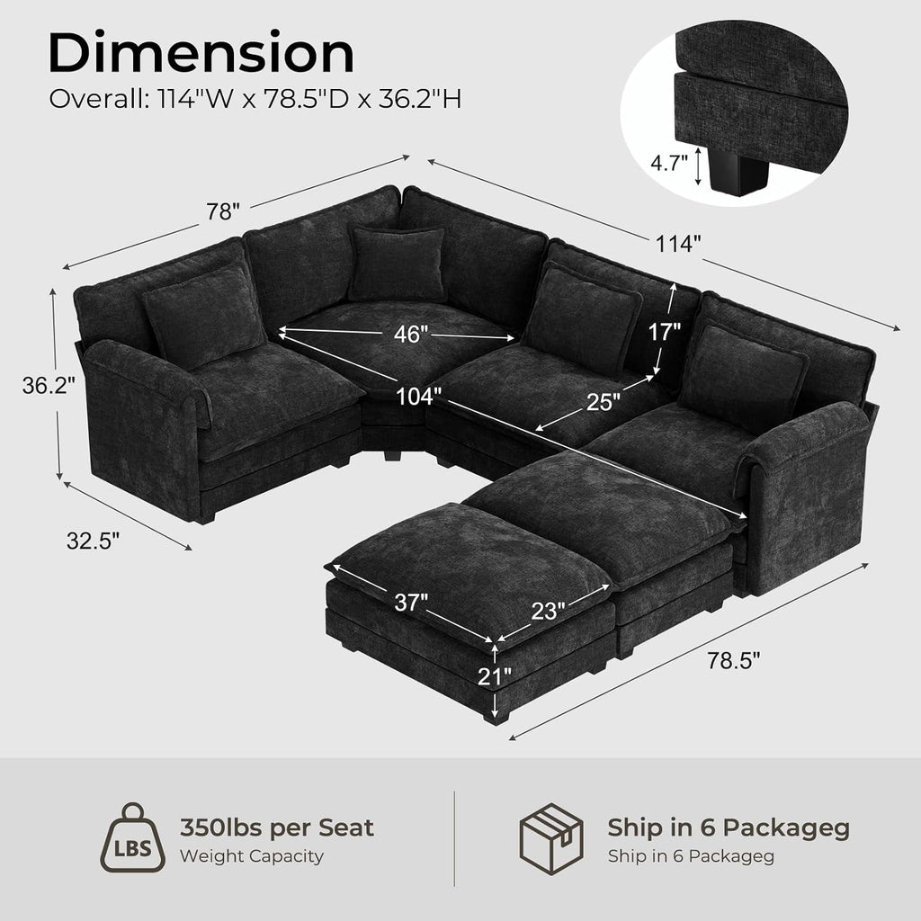 ELUCHANG 114" Oversized V-Shaped Cloud Couch Modular Sectional Sofa with Throw Pillows, 6-Seats w/Corner Comfy Double Layer Upholstered Deep Sofa for Living Room, DIY Combination, Chenille Black