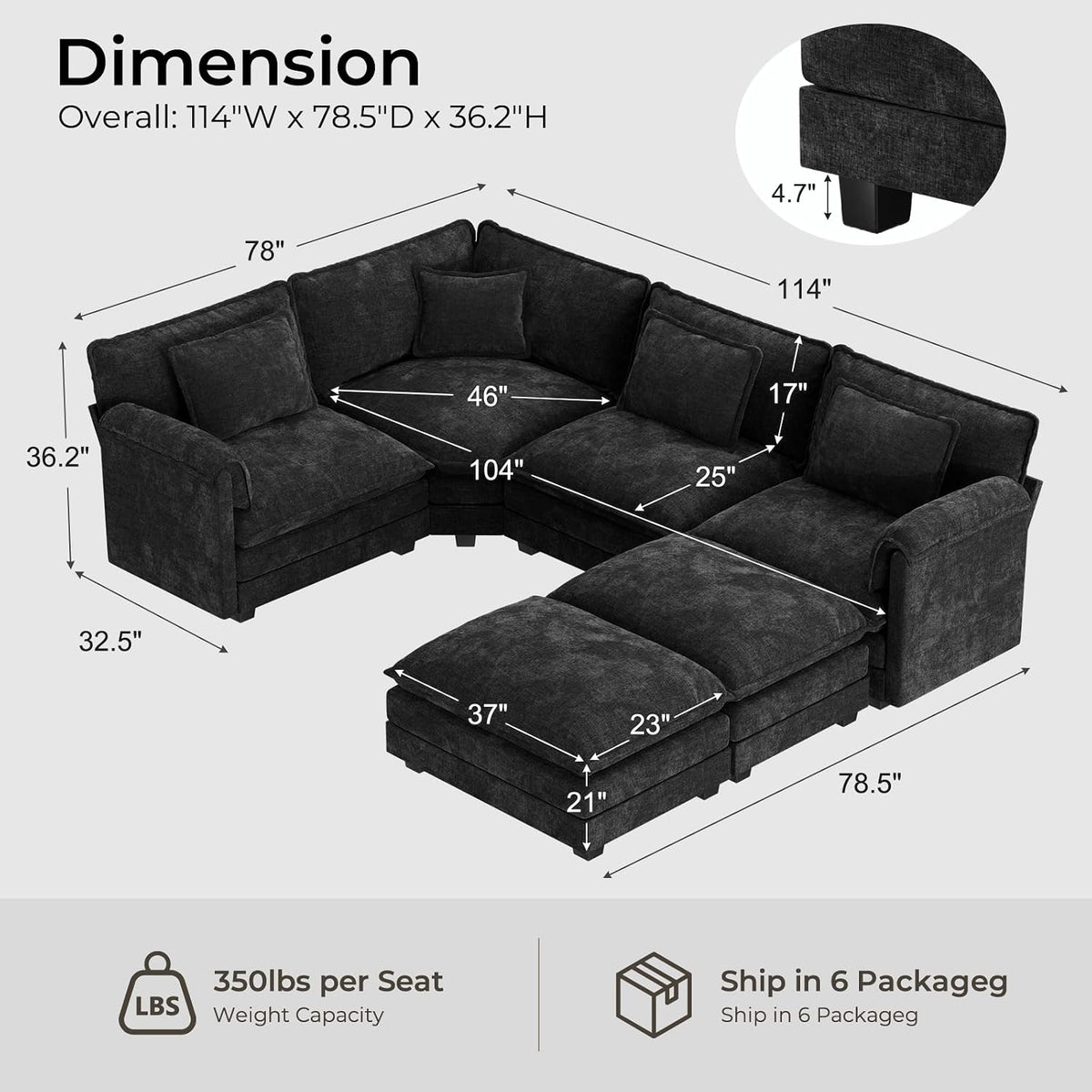 ELUCHANG 114" Oversized V-Shaped Cloud Couch Modular Sectional Sofa with Throw Pillows, 6-Seats w/Corner Comfy Double Layer Upholstered Deep Sofa for Living Room, DIY Combination, Chenille Black
