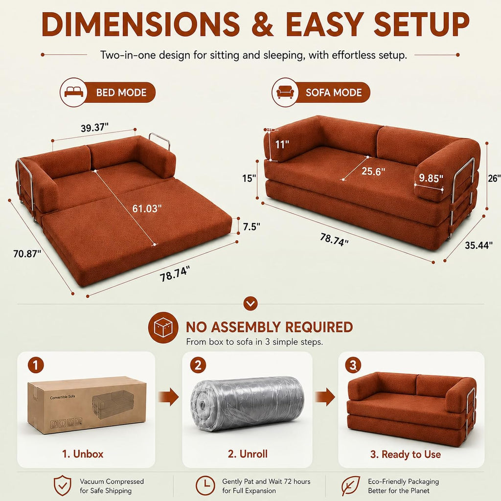 WHGBJA 79" 5 in 1 Convertible Sofa Bed Couch, Modular Sectional, Loveseat | Futon Sofa Bed, Pull Out Corduroy Couch Foldable, Couch for Living Room, No Assembly