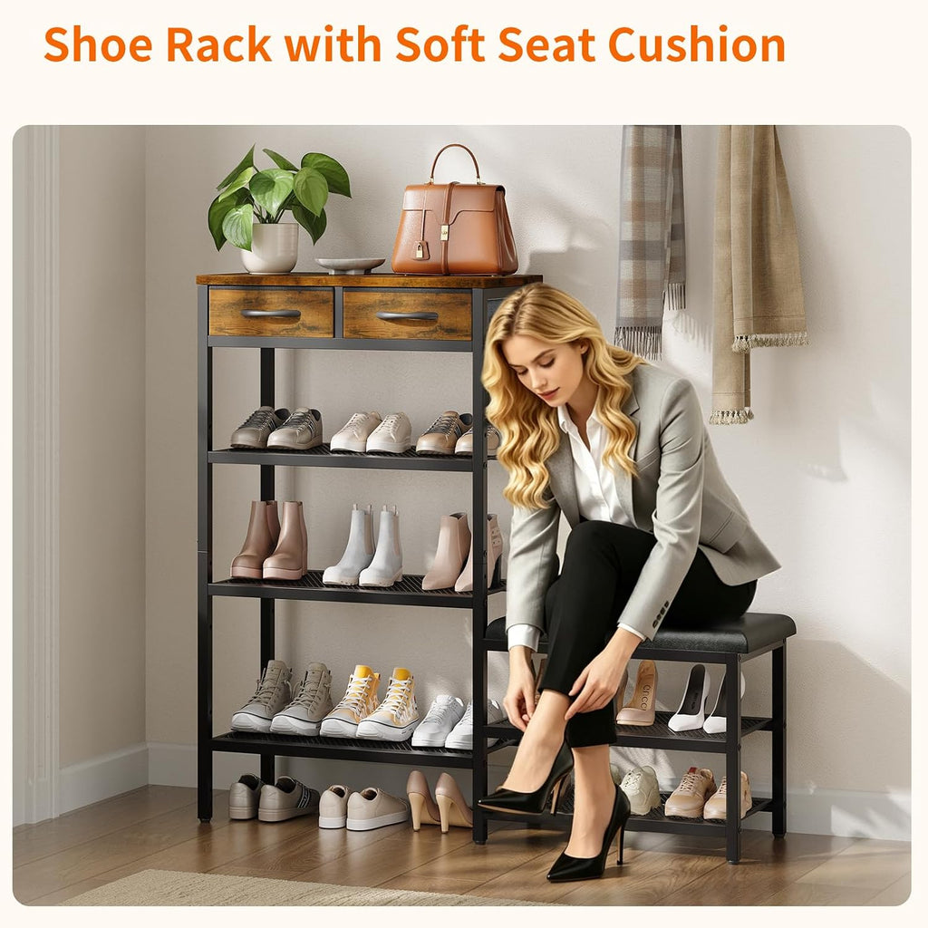 HavenlyYouth Shoe Rack Bench Cushioned with 2 Drawers & 5-Tier Entryway Organizer, Metal Frame Wood Top, Narrow Hallway Bench for Boots, Holds 16-20 Pairs, Space-Saving for Closet & Front Door
