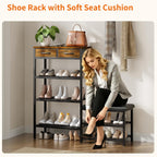 HavenlyYouth Shoe Rack Bench Cushioned with 2 Drawers & 5-Tier Entryway Organizer, Metal Frame Wood Top, Narrow Hallway Bench for Boots, Holds 16-20 Pairs, Space-Saving for Closet & Front Door