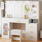 BEWISHOME 49.2" Large Glass Top Vanity Desk with Lighted Mirror and Stool | White Makeup Vanity table with Nightstand,Power Outlet,5 Storage Drawers,3 Lighting Modes,Dressing Table for Bedroom Women