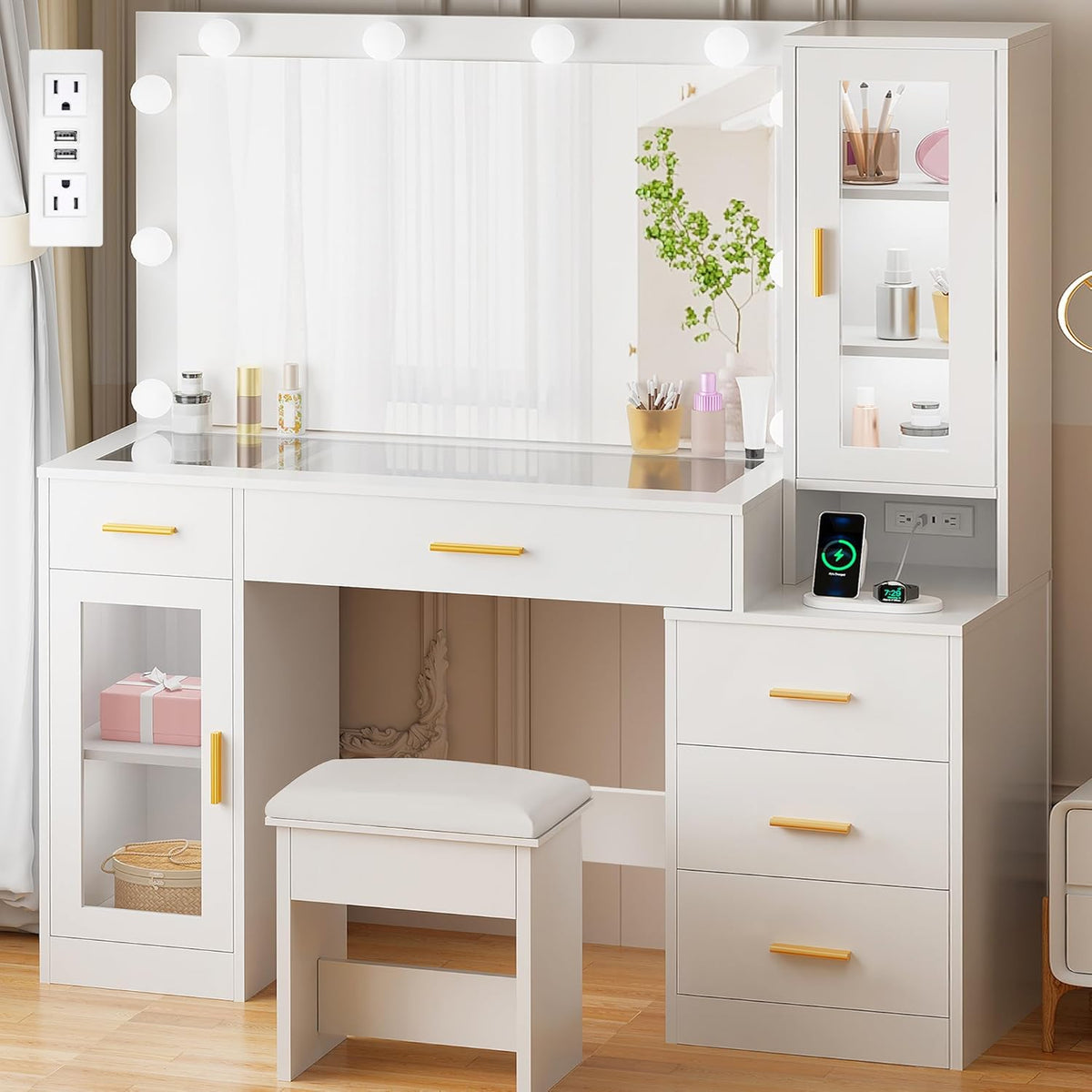 BEWISHOME 49.2" Large Glass Top Vanity Desk with Lighted Mirror and Stool | White Makeup Vanity table with Nightstand,Power Outlet,5 Storage Drawers,3 Lighting Modes,Dressing Table for Bedroom Women