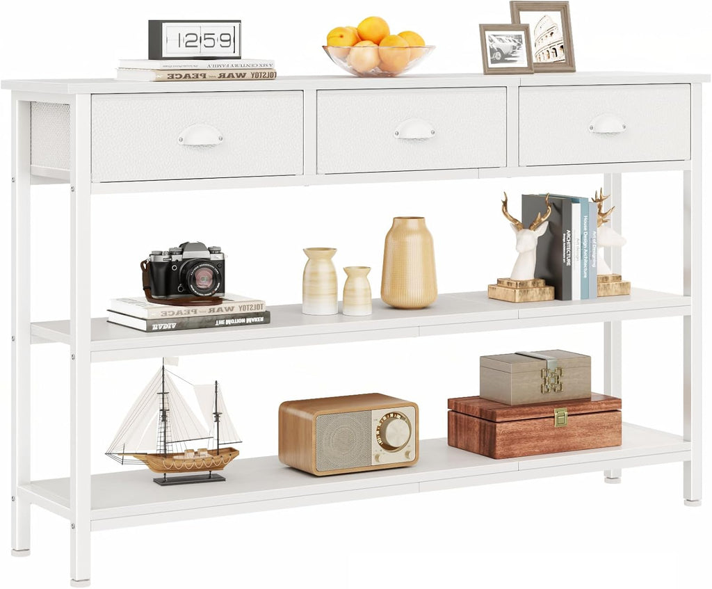 Furologee White Long 47" Console Sofa Table with 3 Drawers, Entryway Table with 3-Tier Storage Shelves, Display Shelf for Entry Way, Hallway, Couch, Living Room, Kitchen, Foyer | Industrial Hallway Table with Open Wooden Shelves for Hallway, Entry Way