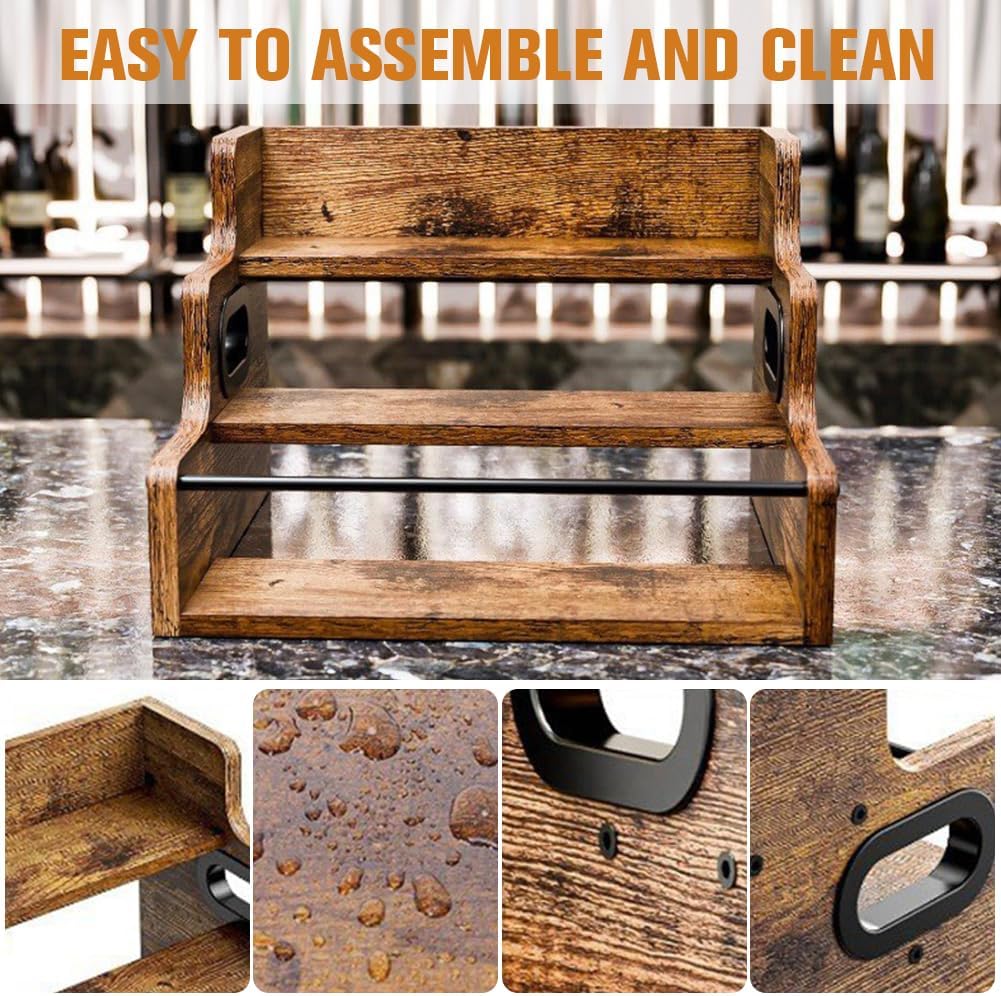 Liquor Bottle Display Shelf, Coffee Syrup Rack Organizer, 3 Step Countertop Liquor Wine Rack, mini bar,Liquor Cabinet, Home Retro Bar Shelf Stand for Liquor Whiskey,