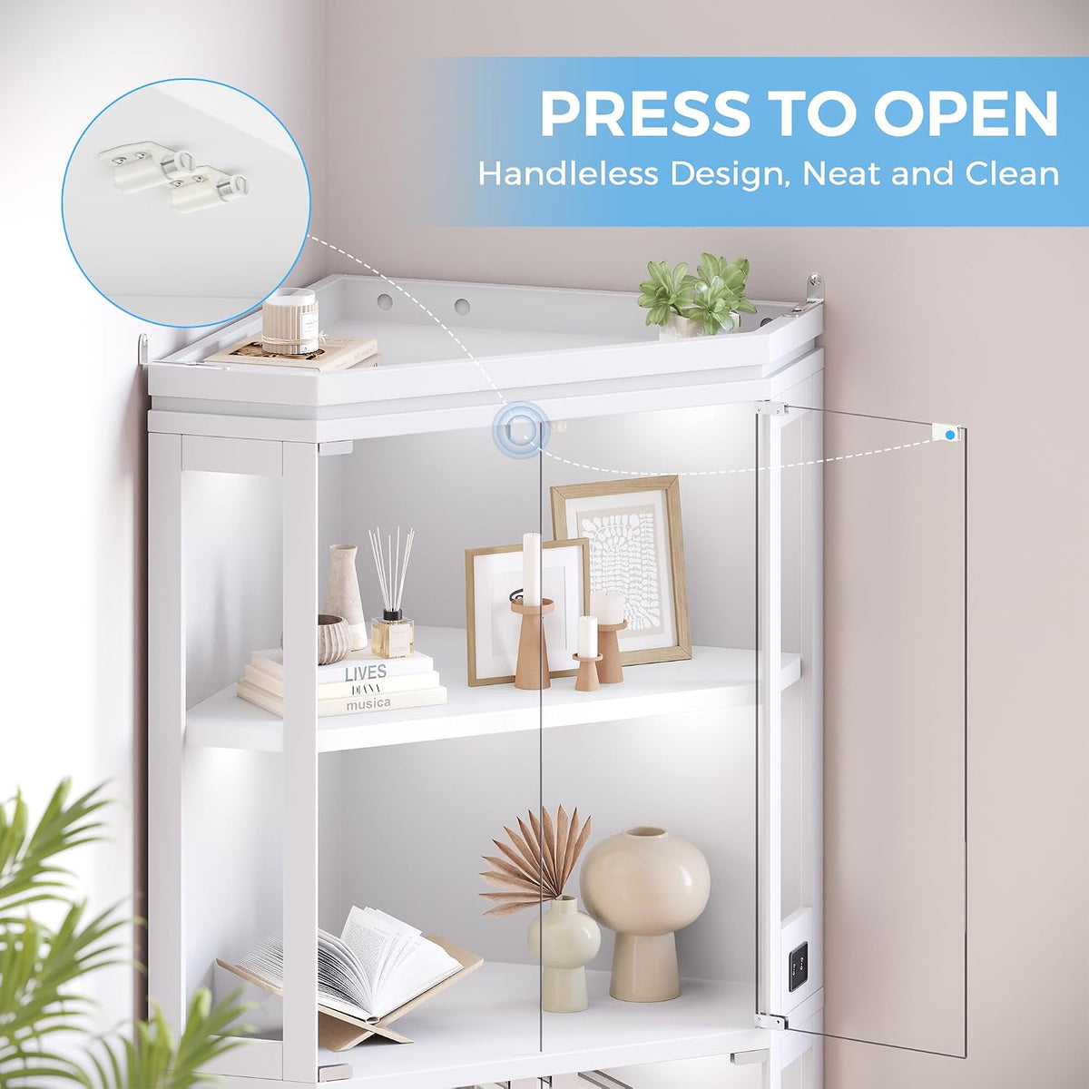Jocoevol Corner Display Cabinet with Glass Doors, 4-Tier Display Cases for Collectibles with RGB Lights, 67'' Tall Corner Curio Cabinet with Human Body Sensor for Living/Game Room, White