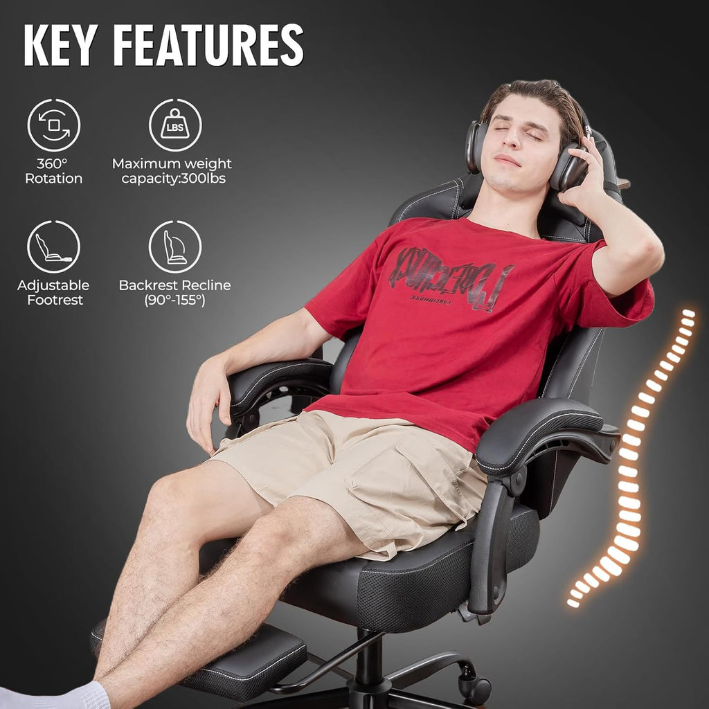 GTPLAYER Gaming Chair, Office Chair High Back Computer Chair with Foot Rest for Adults, Leather Desk Chair Executive Ergonomic Height Adjustable with Headrest and Lumbar Support, 300lbs Black