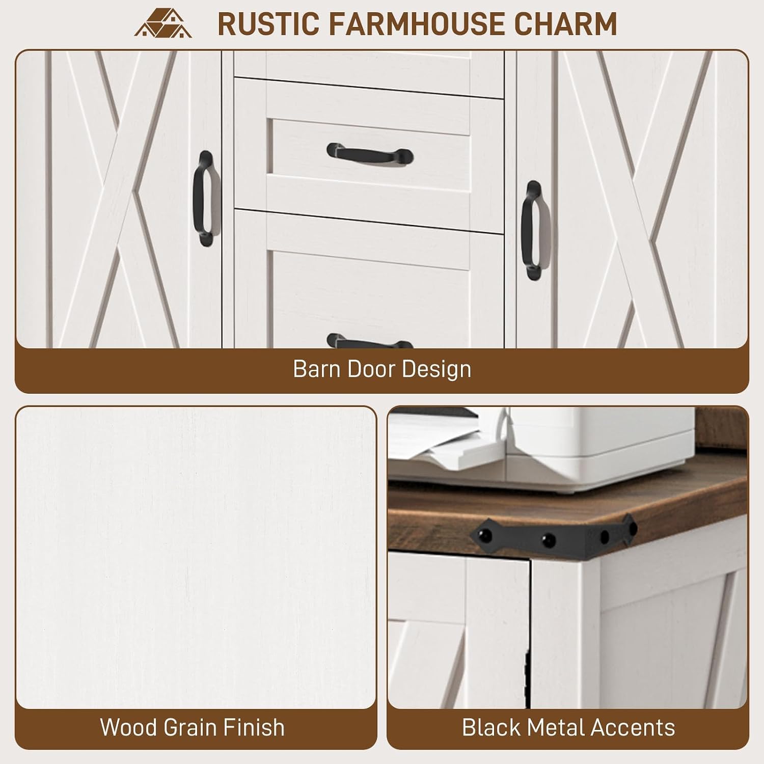 Vabches File Cabinet with 3 Drawers Fits Files Letter/A4 Size, Rustic White | Farmhouse Lateral File Cabinet, Wooden Filing Cabinet with Door and Adjustable Shelves Printer Stand for Home Office