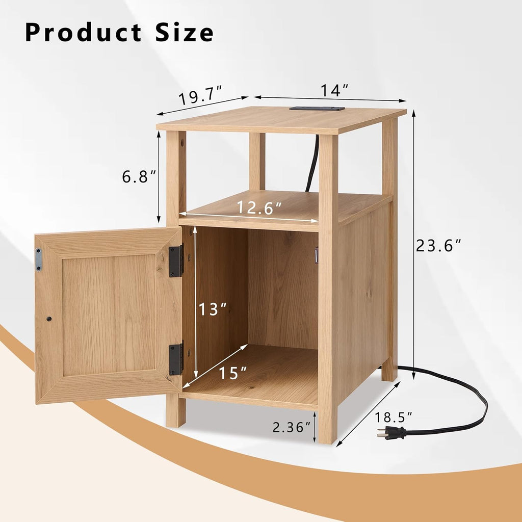 IFGET Farmhouse Nightstand Set of 2, End Table with Charging Station, Rustic Side Table w/Barn Door & Open Shelves, Bedside Table w/Storage Space and Storage Cabinet for Bedroom, Living Room (Natural)