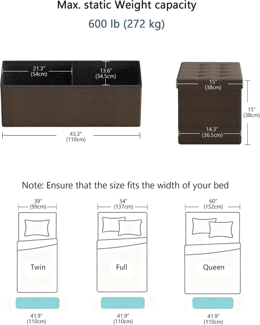GLAXYFUR 43 Inches Folding Storage Ottoman Bench, Storage Chest, Brown | Ottoman Foot Rest, End of Bed Bench, Load 660 lb, Storage Box for Living Room, Bedroom, Entryway