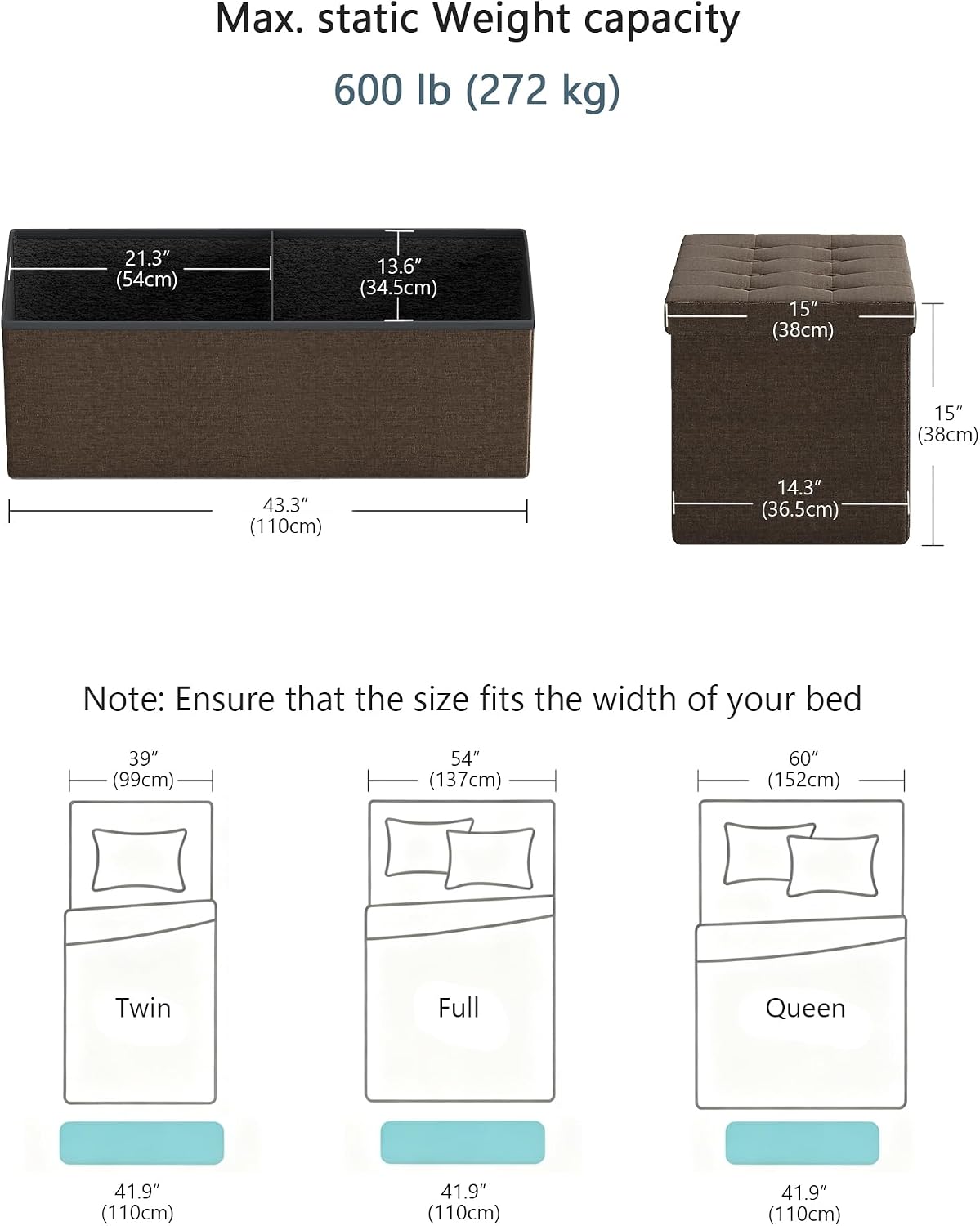 GLAXYFUR 43 Inches Folding Storage Ottoman Bench, Storage Chest, Brown | Ottoman Foot Rest, End of Bed Bench, Load 660 lb, Storage Box for Living Room, Bedroom, Entryway