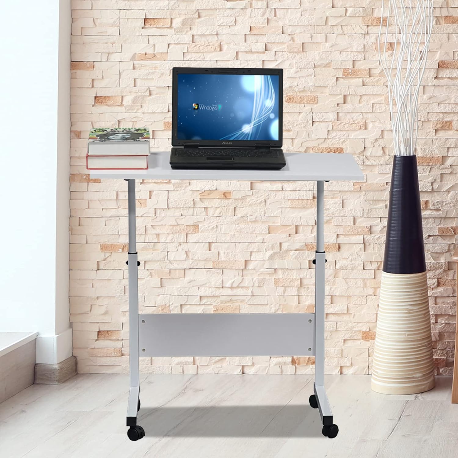 Portable Laptop Computer Desk Stand with Wheels, Rolling Sofa Side Snack Table, Height Adjustable Breakfast TV Tray Bedside Coffee， White L
