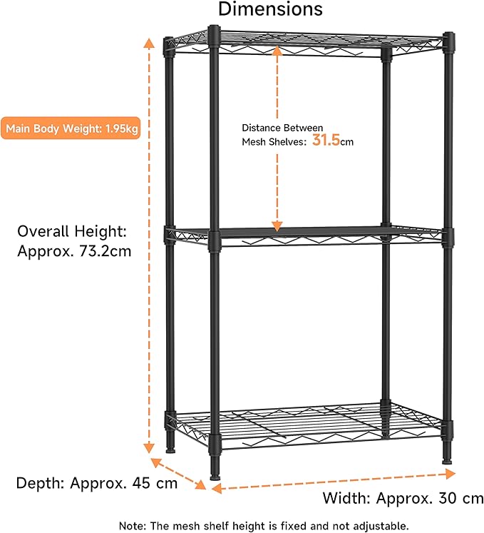 IZEUK 3 Tier Metal Wire Shelving Rack Storage Shelves for Kitchen, Bedroom, Living Room or Laundry Room, Black, 17.7" W x 11.8" D x 28.8" H