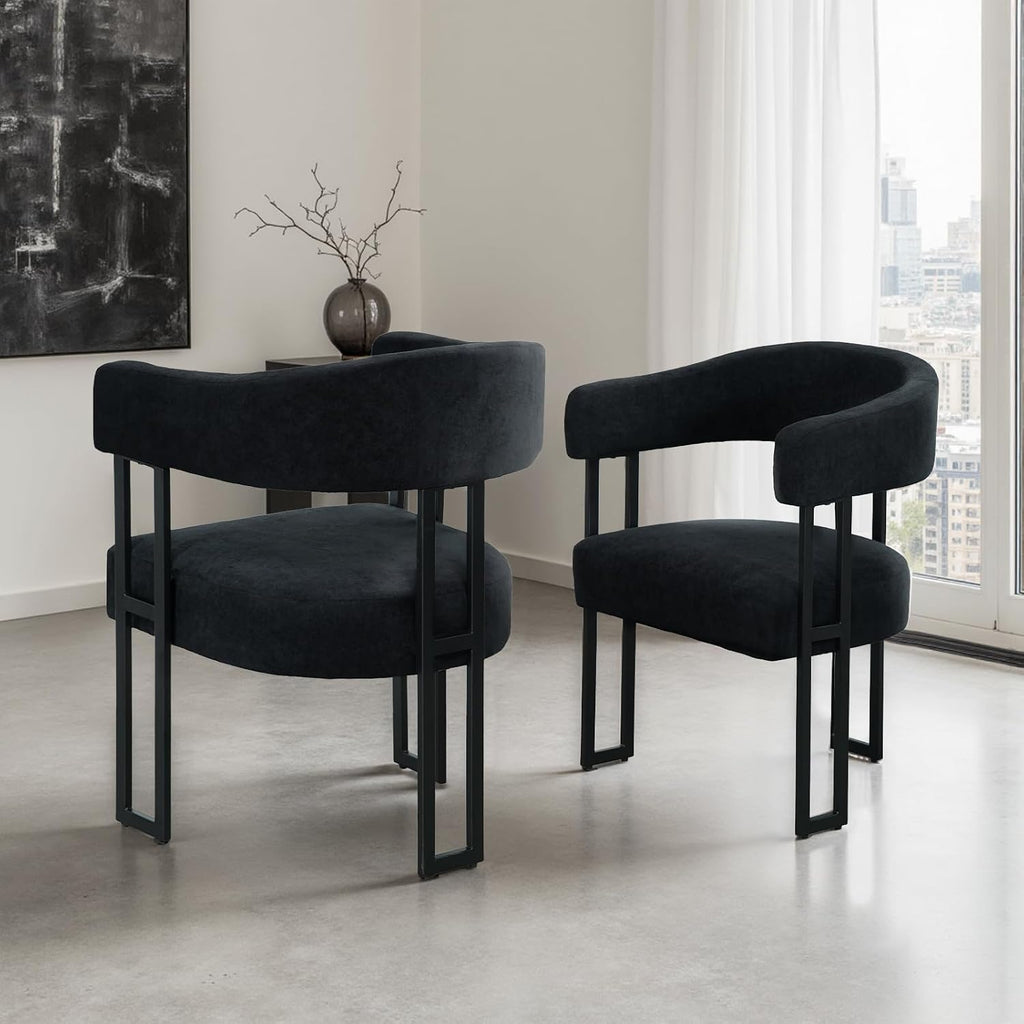 Dining Chairs Set of 2, Boucle Upholstered Kitchen Chairs with Metal Leg | Elevated Backrest Armchairs Mid Century Modern Barrel Chair for Living Room, Dining Room, Farmhouse, Coffee, Black