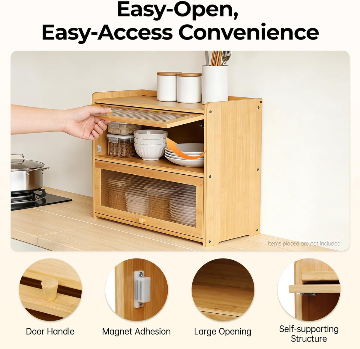 Countertop Kitchen Pantry Cabinet, 20.5x9.8x19.7in Dual-Layer Storage Cabinet for Kitchen Counter, Bamboo Storage Bin with Acrylic Door Panel, Elevated Fence, Translucent Hovering Cabinet Door (Log)