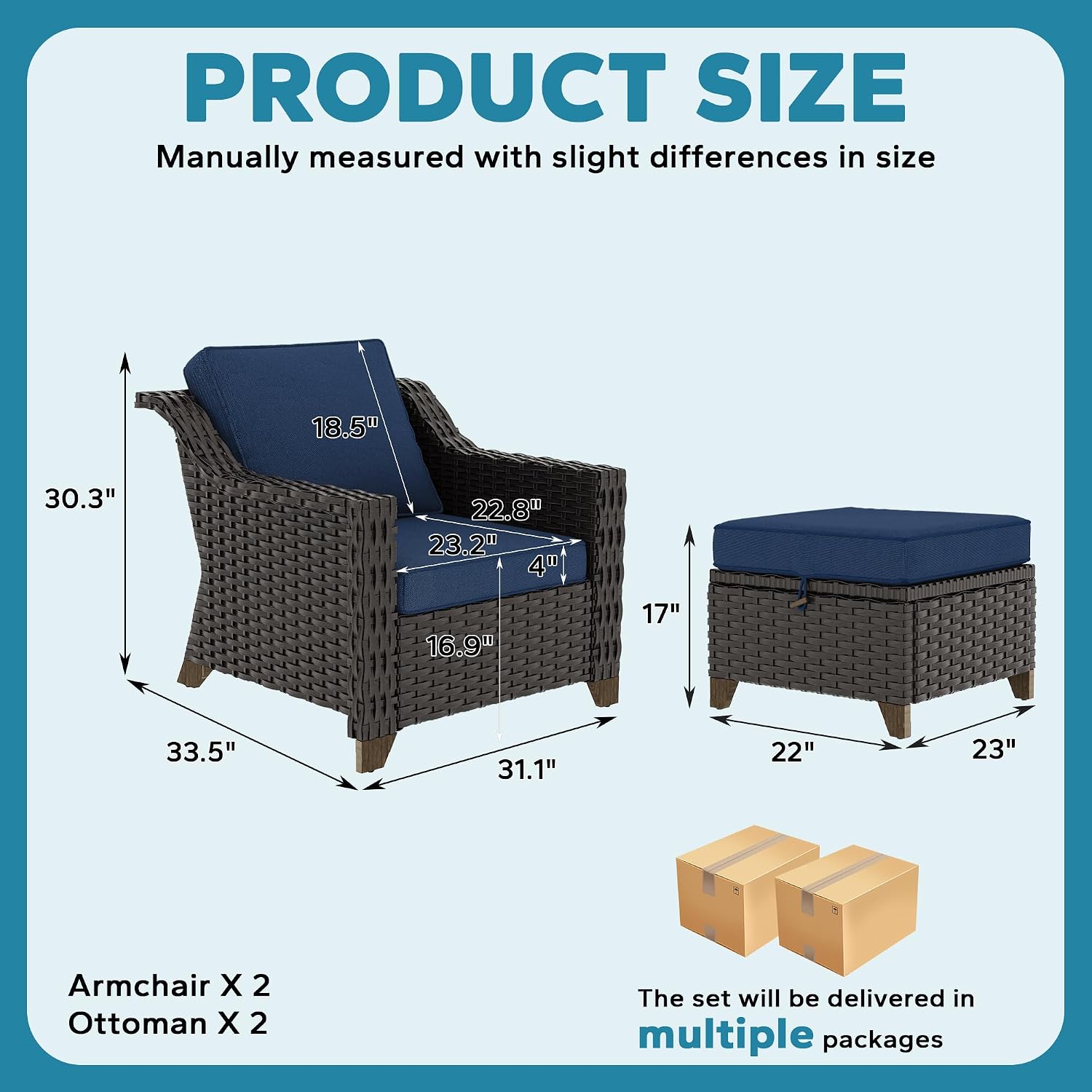 4 Pieces Patio Conversation Furniture Set - 2 Chairs with Ottomans Set of 2, Outdoor Wicker Armchairs with Water-Resistant and Washable Cushions for Porch, Balcony, Sunroom (Navy Blue)