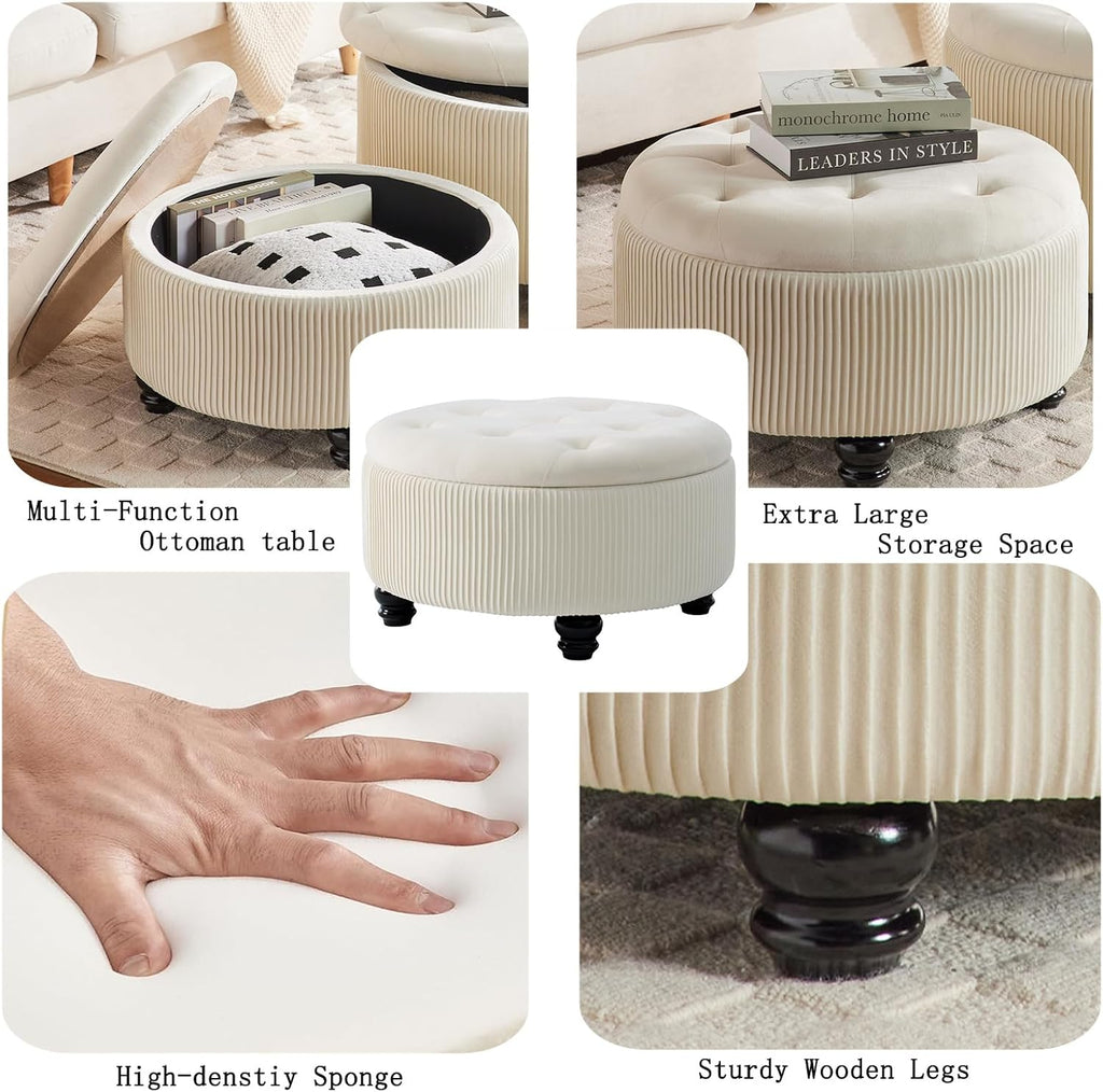 24Inch White Round Storage Ottoman, Upholstered Coffee Table | Modern Tufted Fabric Circle Storage Coffee Table with Removable Lid, Upholstered Storage Ottoman with Tray for Living Room