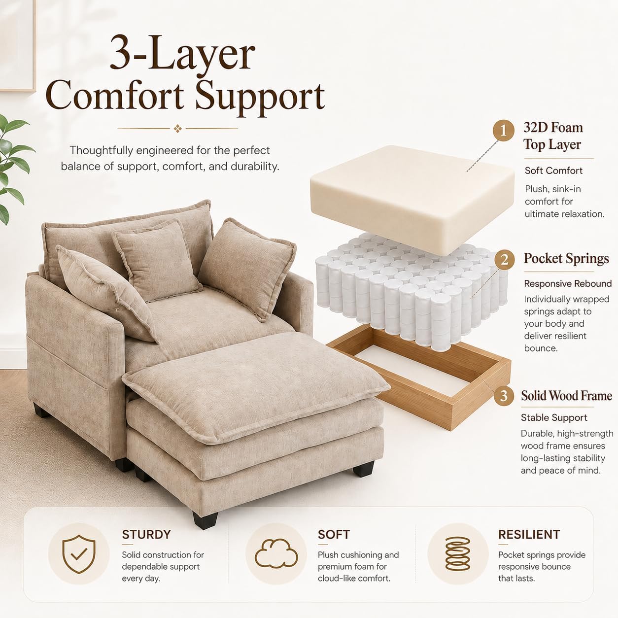 41" Oversized Chair with Ottoman, Chenille Reading Chair and a Half, Deep Seat Comfy Armchair with Pillows for Living Room, Bedroom, Apartment, Home Office (Coffee)