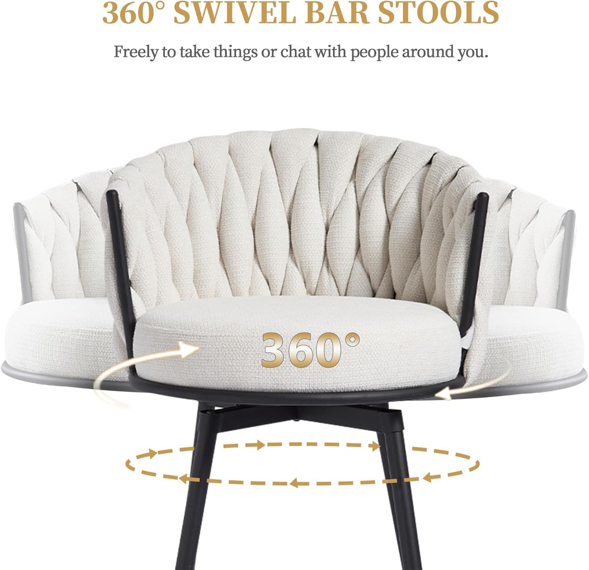 BFZ Swivel Bar Stools Set of 3, 26" Counter Height Barstools, Beige | Fabric, Upholstered Seat, Woven Backrest, Metal Frame, Mid-Century Modern, For Kitchen Island