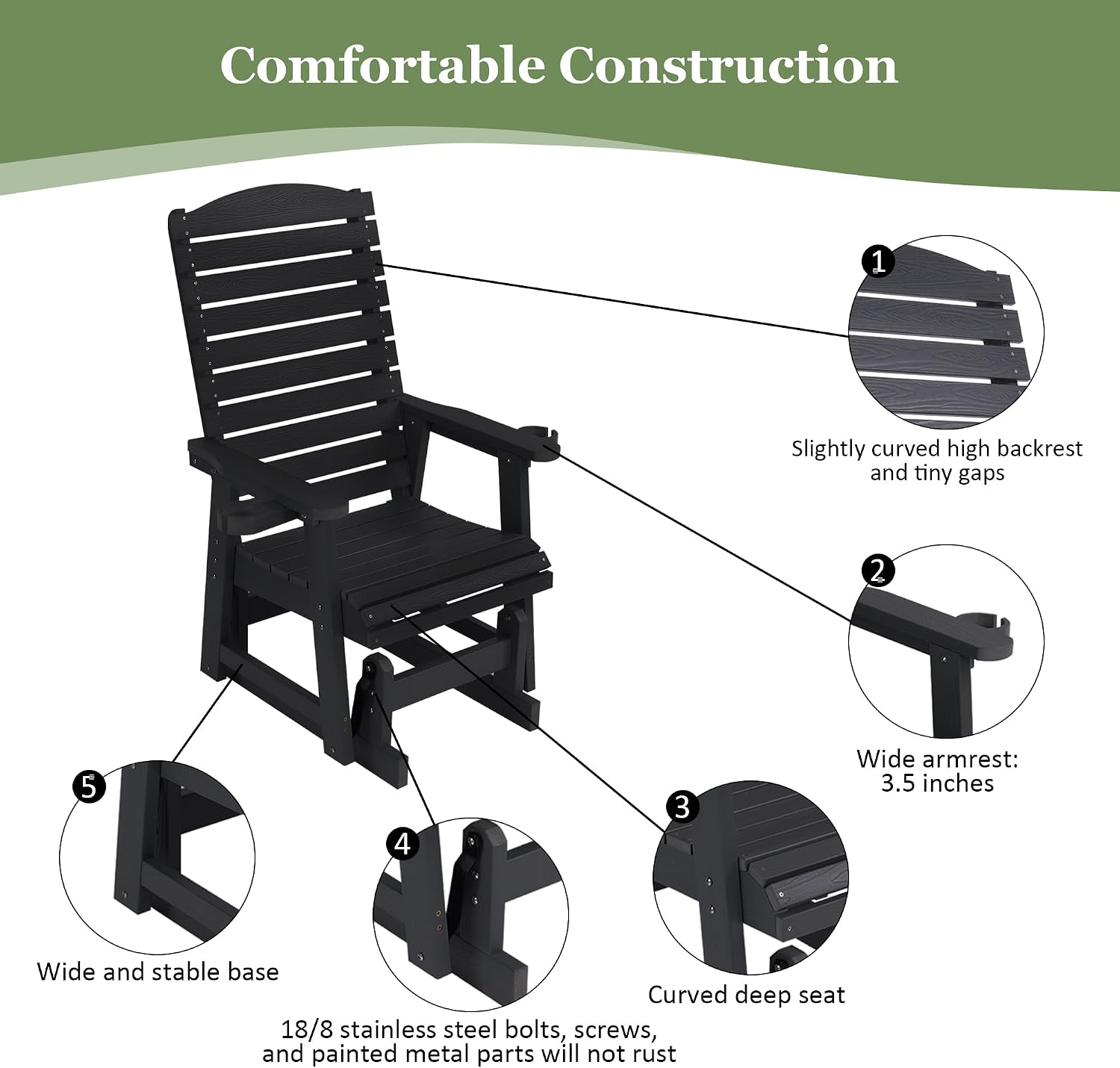 Poly Lumber Patio Glider for One Person, with Cup Holders, High Backrest and Deep Contoured Seat, HIPS Material, All-Weather Resistant, Heavy Duty 700 Pounds (Black)