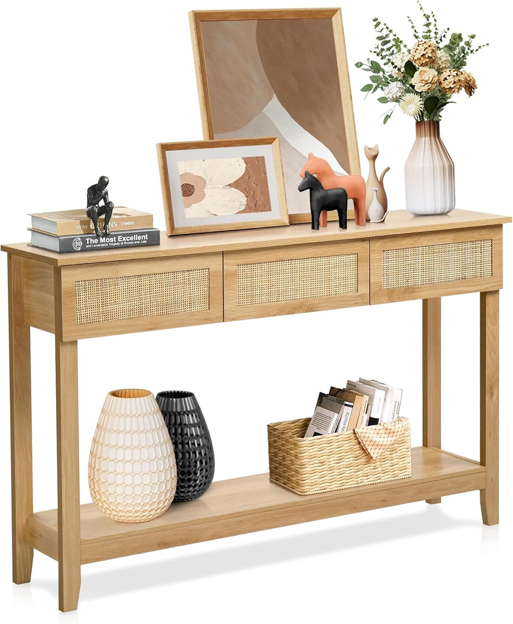 Karl home 51"Console Table w/3 Rattan Drawers & Storage Shelf, Natural Wood | Boho sofa table with 13.1"W rattan drawers,storage shelf,living room and hallway use, natural wood look