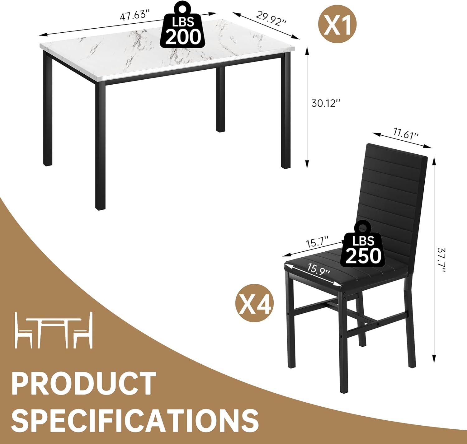 Hooseng 5 Piece Dining Table Set for 4, Faux Marble Kitchen Table with Upholstered Chairs, Modern Dinner Table Set for Dining Room, Small Spaces, White＆Black