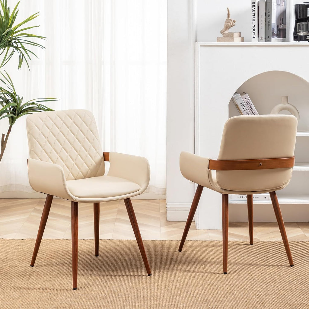 LUNLING Mid Century Modern Dining Chairs Set of 2,Accent Faux Leather Side Chairs Bentwood Frame with Armrest,Metal Legs Chair,Adjustable Foot for Kitchen Room Desk Chair(Cream White)