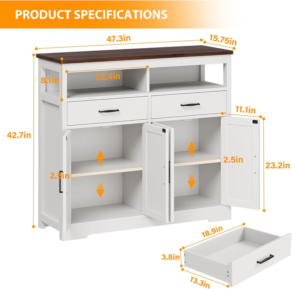 knoworld Buffet Sideboard with Storage Farmhouse with 4 Doors, 47'' Large Kitchen Storage Cabinet Wood Coffee Bar Cabinet Buffet Table with Shelves for Kitchen, Dining Room, Entryway