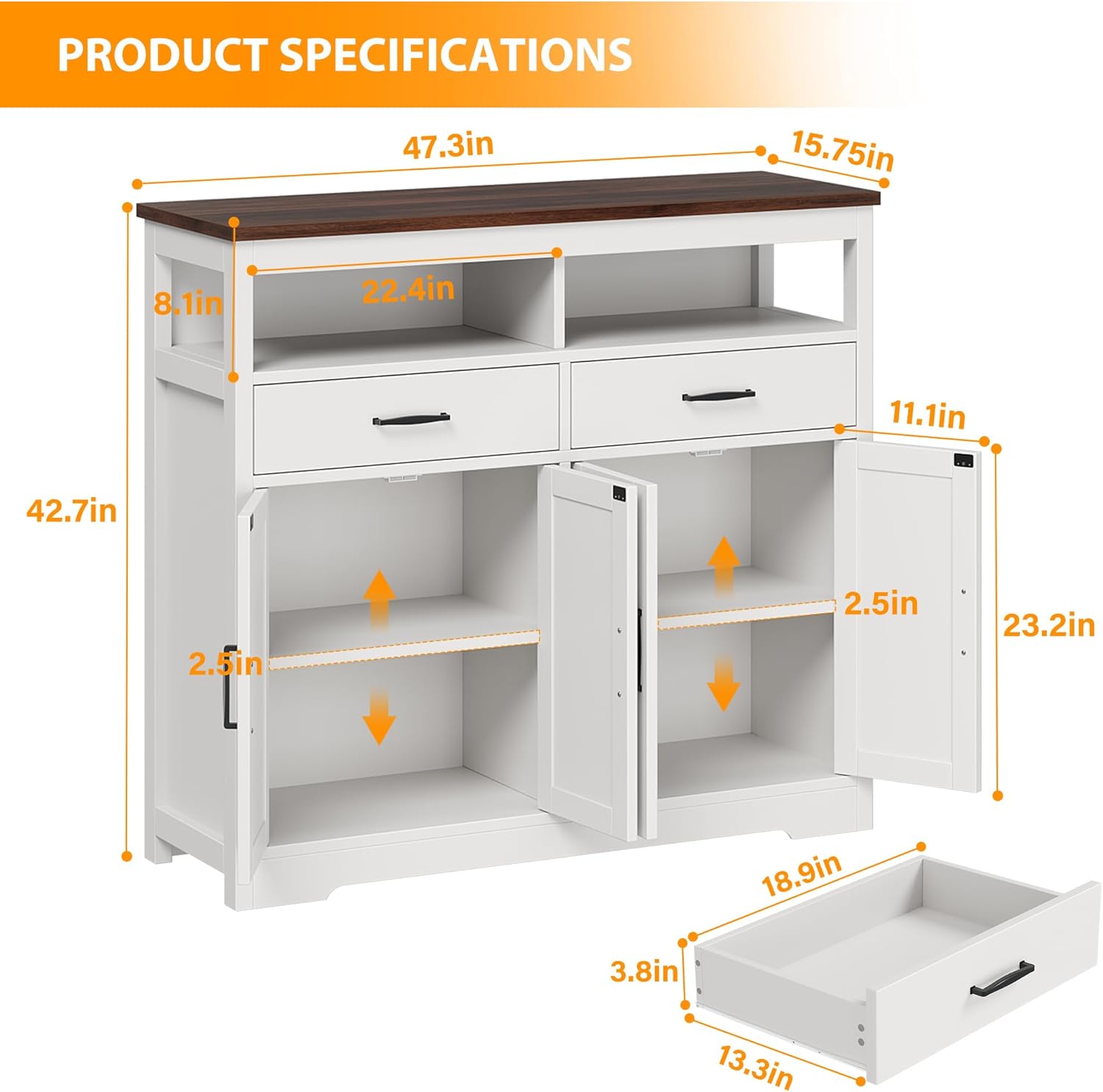 knoworld Buffet Sideboard with Storage Farmhouse with 4 Doors, 47'' Large Kitchen Storage Cabinet Wood Coffee Bar Cabinet Buffet Table with Shelves for Kitchen, Dining Room, Entryway