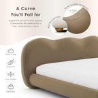 Furniture of America Lunaria Modern Velvet King Platform Bed with Camelback Headboard and Round Bun Wood Feet, Upholstered Bedframe for Bedroom, Guest Room, No Box Spring Needed, Brown