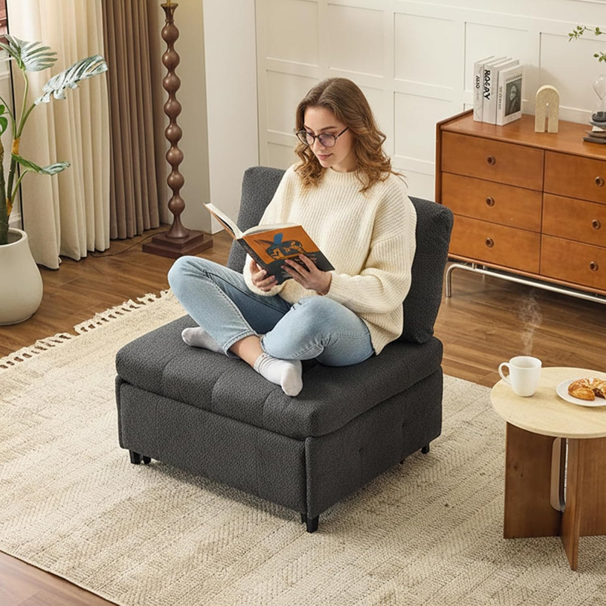 VINGLI Convertible Sofa Bed Tufted Teddy Fleece Sleeper Chair Bed Couch Armless Living Room Chairs with Adjustable Backrest Pull Out Couch Bed for Small Spaces